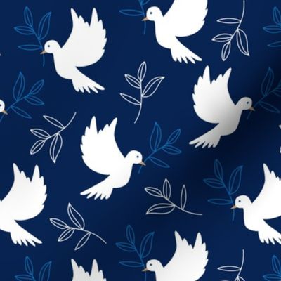 Freedom birds - symbol of independence and freedom peace doves with branches in minimalist style jewish white on navy blue