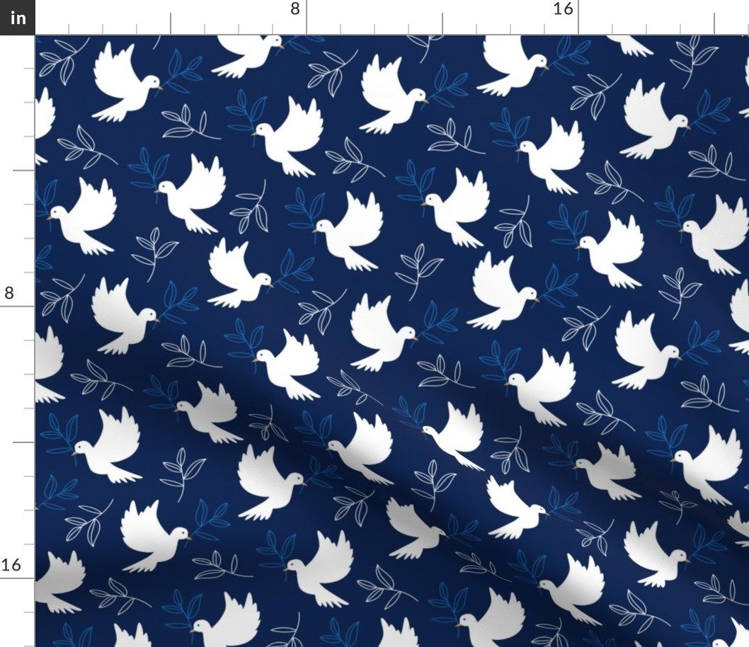 Freedom birds - symbol of independence and freedom peace doves with branches in minimalist style jewish white on navy blue