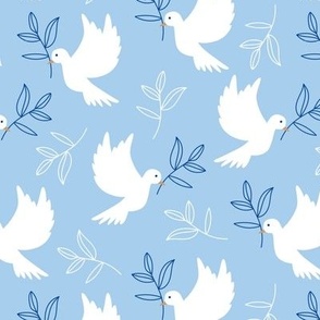 Freedom birds - symbol of independence and freedom peace doves with branches in minimalist style jewish light blue