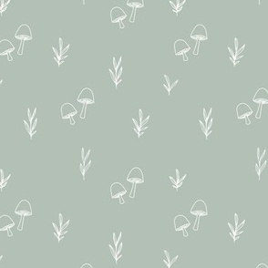 Fall mushrooms and leaves - toadstool garden boho style white on sage green
