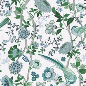 Chinoiserie Peacock birds Greens on linen texture - wallpaper