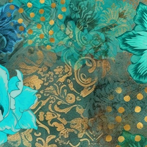 Decorative Floral Vintage Tapestry Design Turquoise And Gold