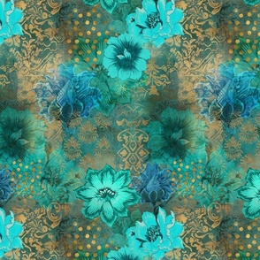 Decorative Floral Vintage Tapestry Design Turquoise And Gold Smaller Scale