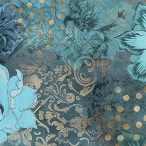 Decorative Floral Vintage Tapestry Design Teal Blue And Gold