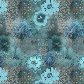 Decorative Floral Vintage Tapestry Design Teal Blue And Gold Smaller Scale