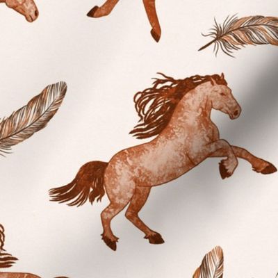 Brown Horses and feathers on cream background large