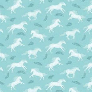 White Horses and feathers on mint turqoise background