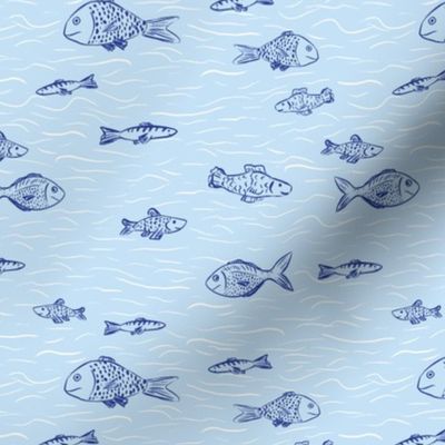 Little fish go for a swim under the sea, navy, blue, navy, waves, minimal, two colour