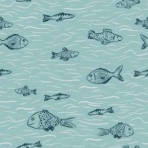 Little fish go for a swim under the sea, teal, blue, navy, waves, minimal, two colour