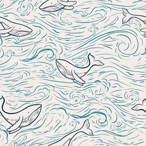 Under the sea ocean whale in waves, teal, line work, hand drawn, sketchy, water, sand, navy