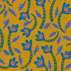 Dancing flowers (mustard yellow) 12" -  Fun colorful flowers in a bold folk style. Also available in my tea towel collection and in other colorways.