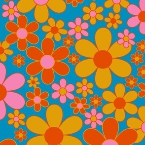Orange and aqua flower power- 1970s retro style floral - medium  - by Nashifruitdesigns