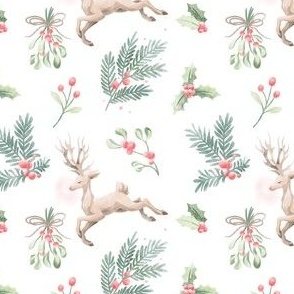 Watercolor Rudolf Reindeer Holly Berry Mistletoe Evergreen Christmas Tree // Small 