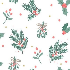 Christmas Holly Berry Mistletoe Evergreen Tree // Teal & Pink // Medium 
