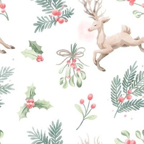 Watercolor Rudolf Reindeer Holly Berry Mistletoe Evergreen Christmas Tree // Medium 