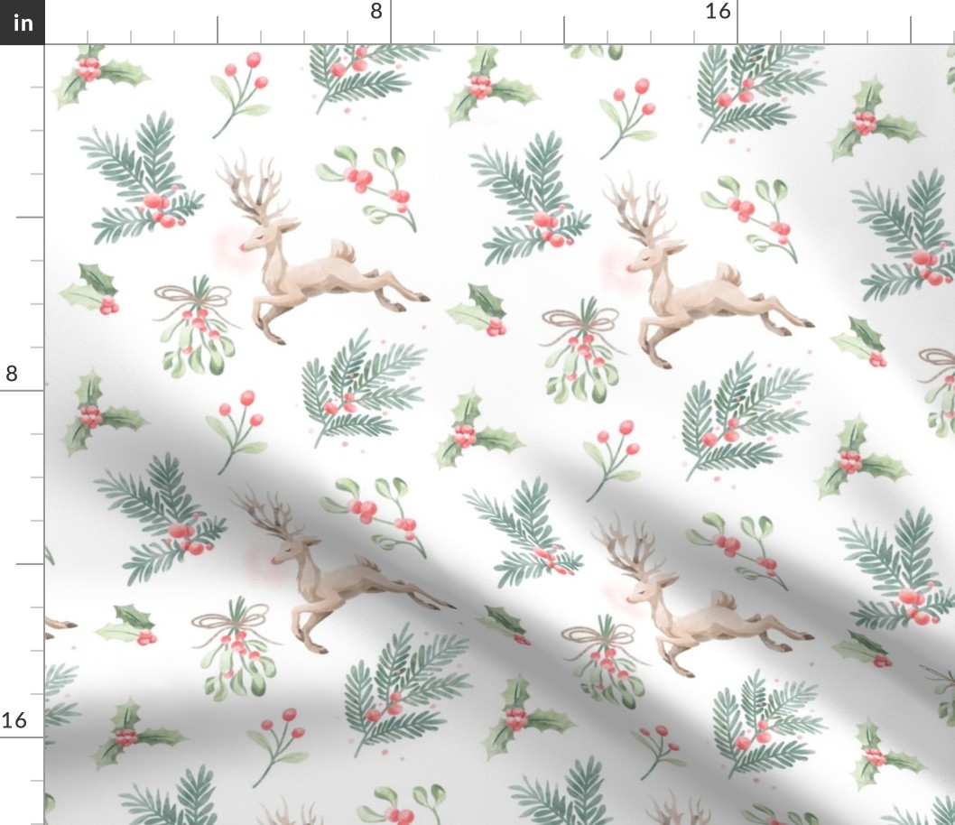 Watercolor Rudolf Reindeer Holly Berry Mistletoe Evergreen Christmas Tree // Medium 