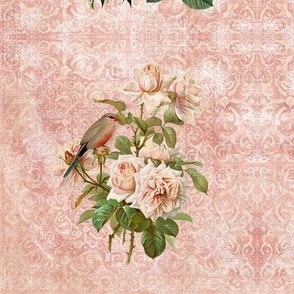 Floral Botanical French Rose Vintage Baroque Lace Pink White LG 14"