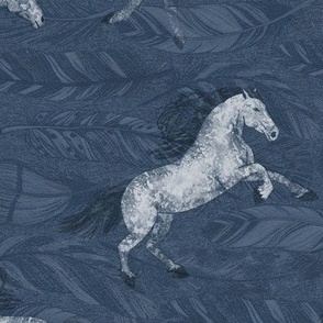White horses on dark blue feather background extra large.