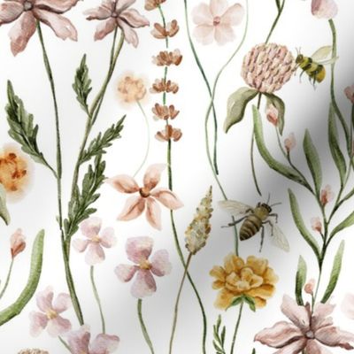 14" Dried Pressed Wildflowers Meadow With Butterflies  white- for home decor Baby Girl and nursery fabric perfect for kidsroom wallpaper,kids room