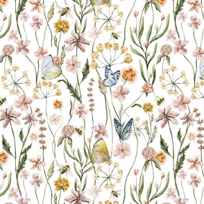 14" Dried Pressed Wildflowers Meadow With Butterflies  white- for home decor Baby Girl and nursery fabric perfect for kidsroom wallpaper,kids room