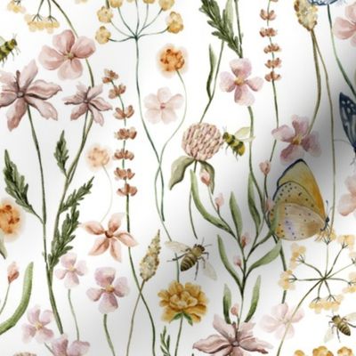 10" Dried Pressed Wildflowers Meadow With Butterflies  white- for home decor Baby Girl and nursery fabric perfect for kidsroom wallpaper,kids room