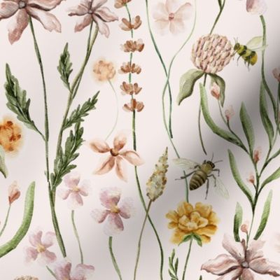 14" Dried Pressed Wildflowers Meadow With Butterflies  white- for home decor Baby Girl and nursery fabric perfect for kidsroom wallpaper,kids room blush