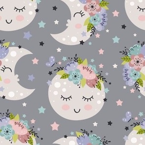 beautiful moon and flowers on a grey background