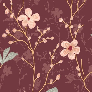 delicate flowers in shades of pink on a  warm burgundy background  - large scale