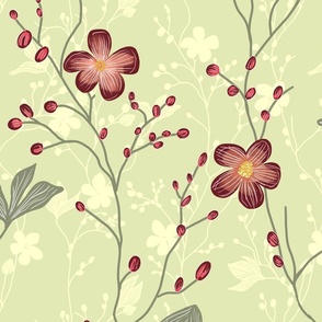 delicate flowers in shades of red on a light green background  - large scale