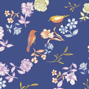 24 in Vintage birds and  flower diagonal pattern on navy blue 