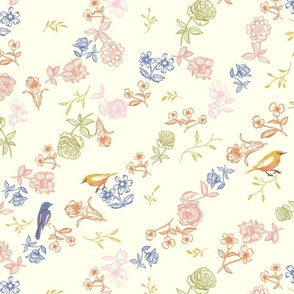 (size small) birds and floral on creamy white 