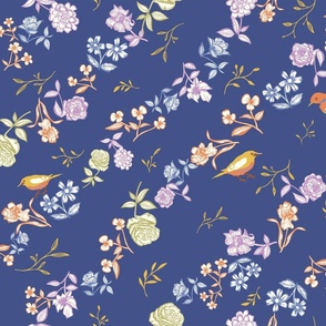 14 in Vintage birds and  flower diagonal pattern on navy blue  