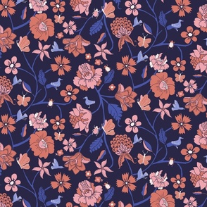 Indian Floral Style -Birds and Bugs on Deep Blue Background