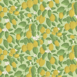 Lemons, leaves and little flowers on light green background
