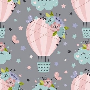 pink Hot air balloon, cloud, flowers on a grey background,