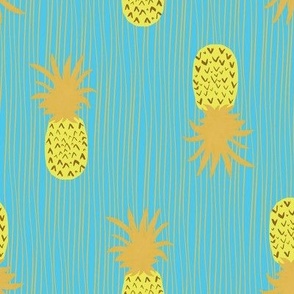 Yellow and Golden Pineapples With Marine Blue Background and Golden Lines Large Scale