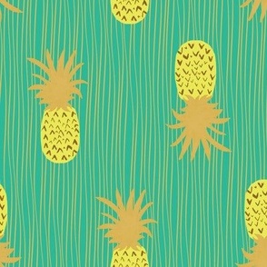 Yellow and Golden Pineapples With Ocean Green Background and Golden Lines