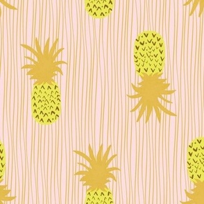 Yellow and Golden Pineapples With Blush Pink Background and Golden Lines Large Scale