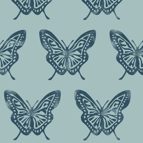 Butterflies - Block Print Butterfly - blue on blue - LAD23