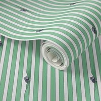 Simple graphic stripes with line drawings of cats, gray cats - green and white stripes - small print.