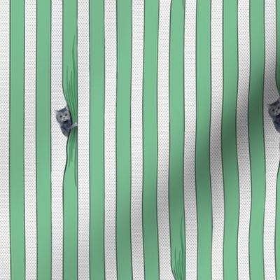 Simple graphic stripes with line drawings of cats, gray cats - green and white stripes - small print.