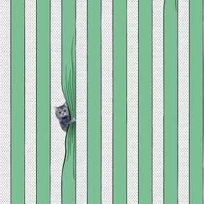 Simple graphic stripes with line drawings of cats, gray cats - green and white stripes - small print.