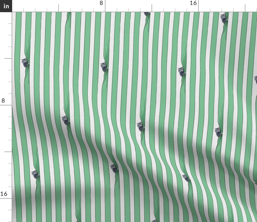Simple graphic stripes with line drawings of cats, gray cats - green and white stripes - small print.