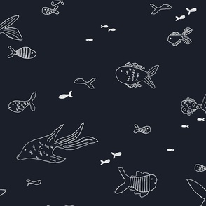 White Fish Outlines on Navy Background