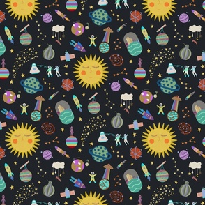 Space and Galaxy Novelty Kids Print with Sun, Moons, Spaceships, Aliens, Stars, Astronauts, and Rockets - medium Scale 