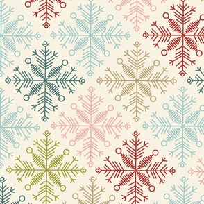 Retro winter knit | Red, pink, teal green, gold and olive snowflakes on white cream background | Christmas checkers |  Winter diagonal check | jumbo