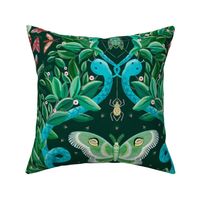 Night time fantasy in the jungle - quirky damask of moths, snakes and  lightening bugs - large  scale 