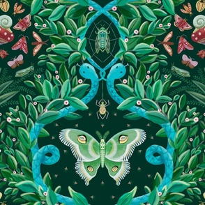 Night time fantasy in the jungle - quirky damask of moths, snakes and  lightening bugs - large  scale 