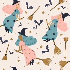 Witchy Wonders: Blue and Pink Haired Witches with Bats, Stars, and Brooms on Light Cream Background