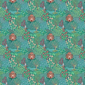 Cute scene of a graphical multicolour flower garden ideal for quilting fabric - teal and green  - small 